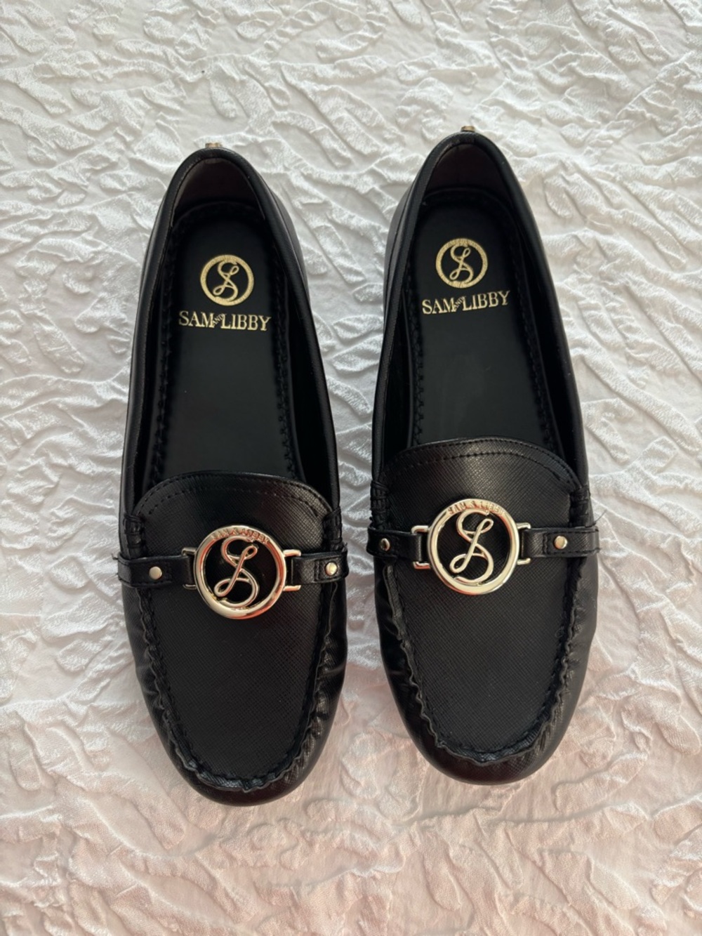 Sam & Libby Black Loafers with Gold Logo Accent